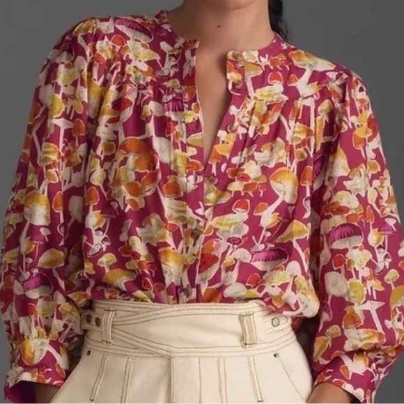 Anthropologie | Maeve Pink Orange Mushroom Print Button Shirt Blouse Top 2X - Picture 1 of 10